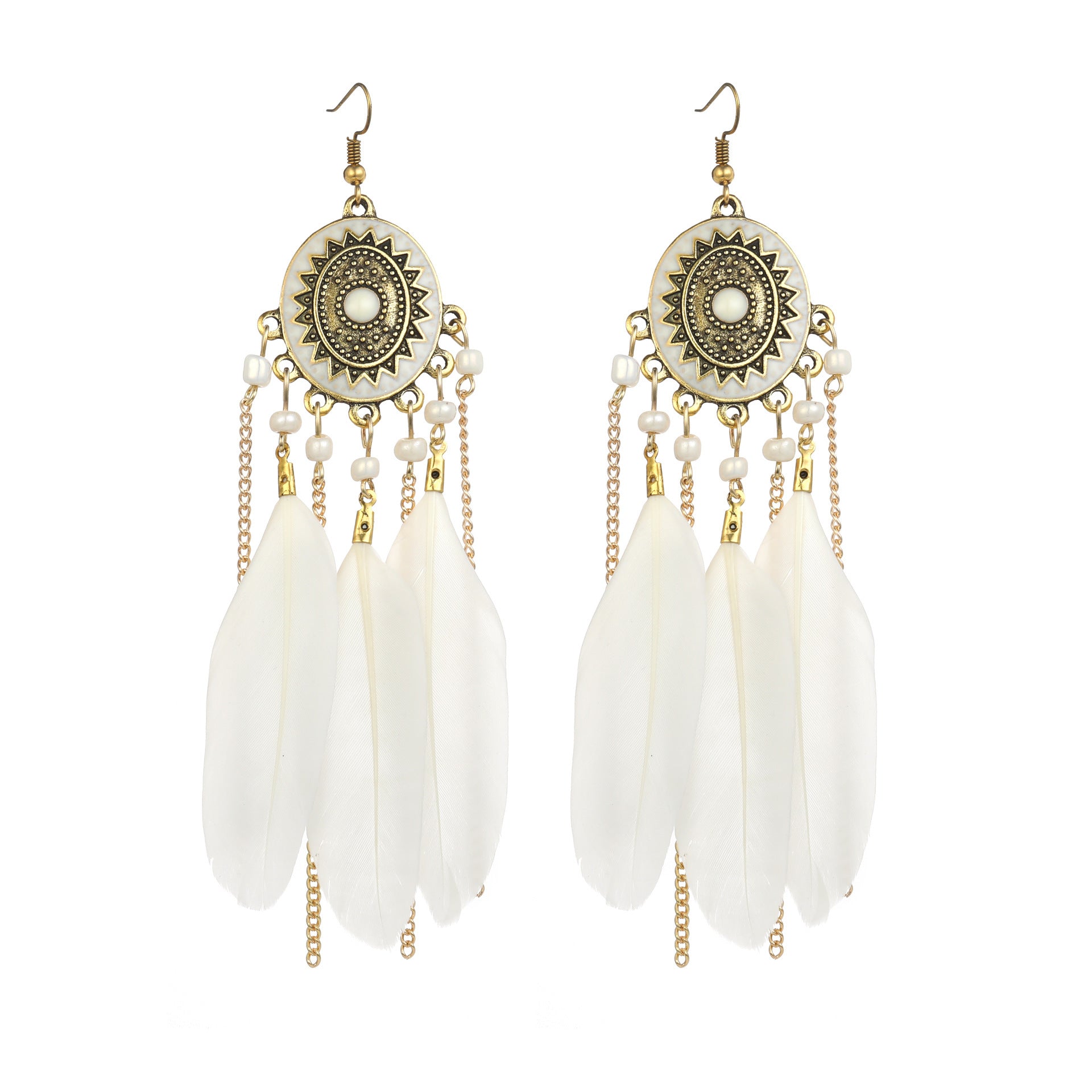 Wholesale White Feather Tassel Long Vintage Earrings